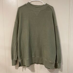 Aerie Ribbed Oversized Sweatshirt XS Green Crewneck Cozy Lounge Top